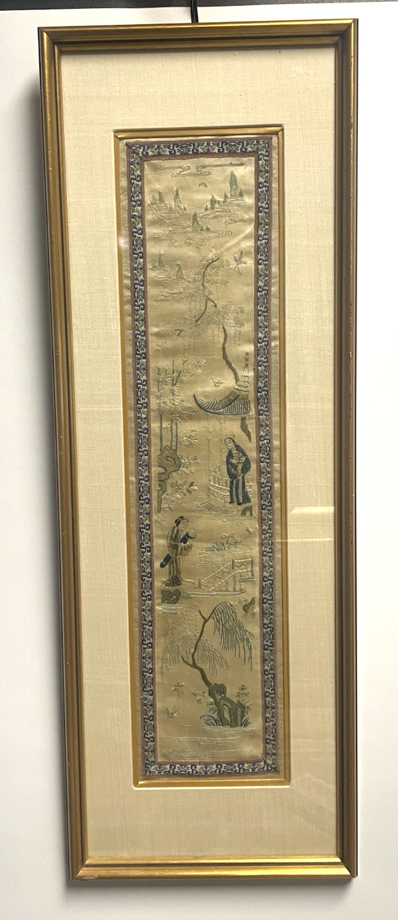 Vintage or Antique Chinese Silk Embroidery Panel Framed Figures Landscape 28”